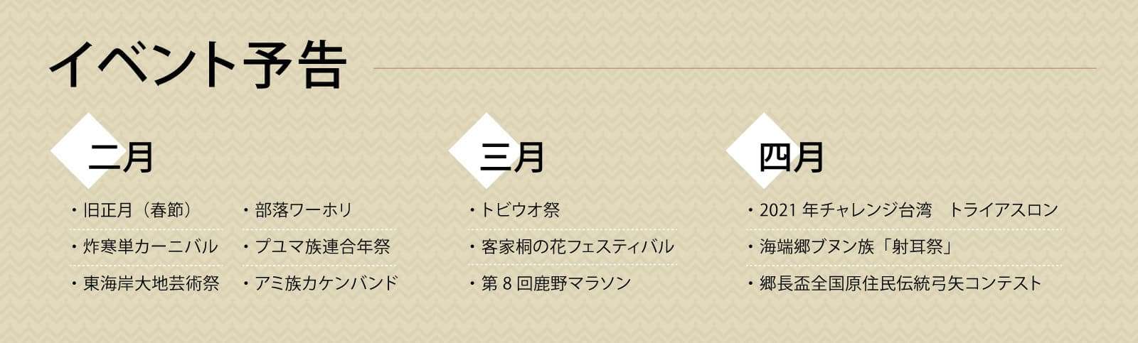 二月
・旧正月（春節）
・炸寒単カーニバル
・東海岸大地芸術祭
・部落ワーホリ
・プユマ族連合年祭
・アミ族カケンバンド

三月
・トビウオ祭
・客家桐の花フェスティバル
・第8回鹿野マラソン

四月
・2021年チャレンジ台湾　トライアスロン
・海端郷ブヌン族「射耳祭」
・郷長盃全国原住民伝統弓矢コンテスト
