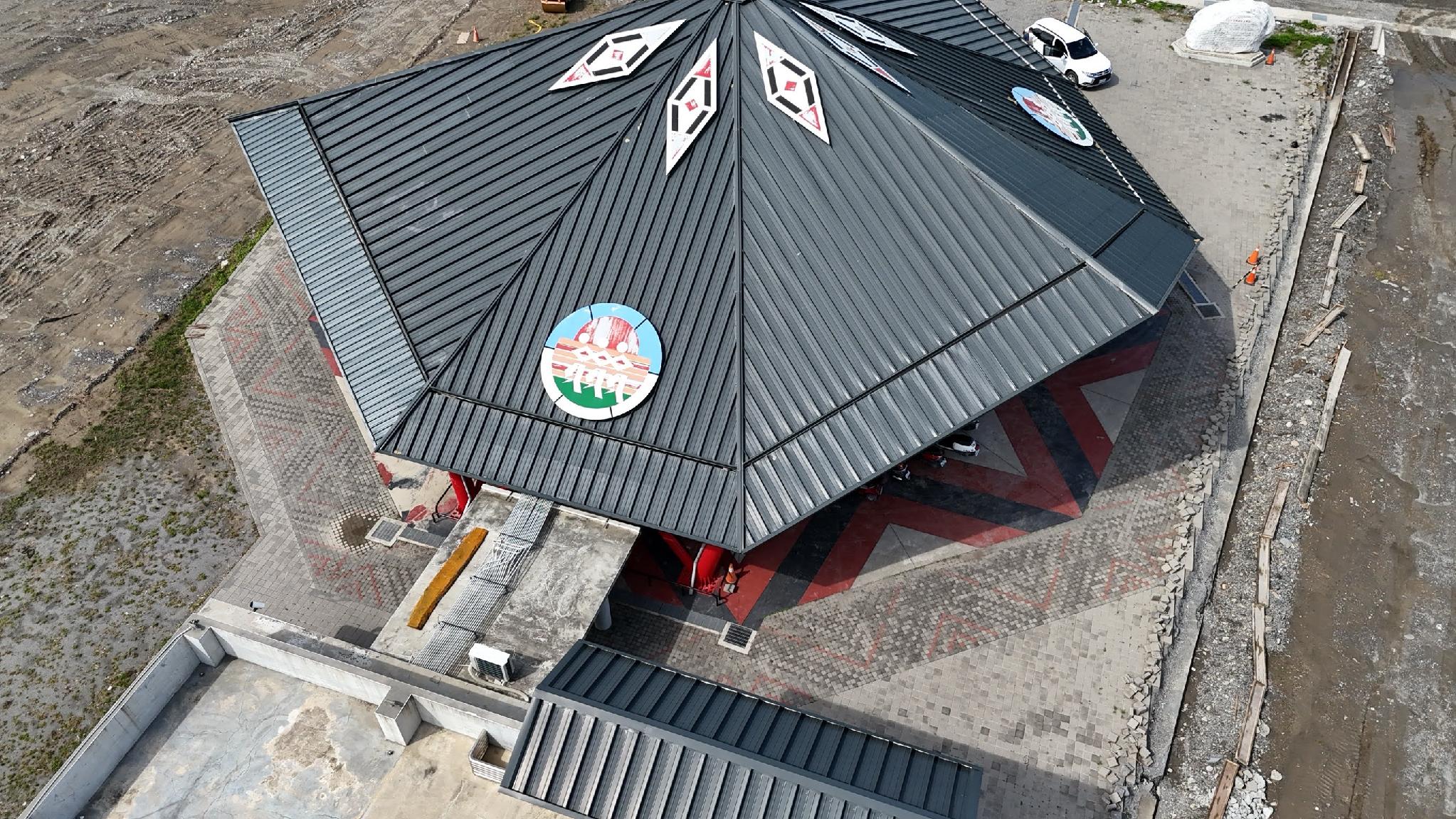 Aerial view of the completed Matang Indigenous Tribal Gathering Place showing its star-patterned roof, Taitung