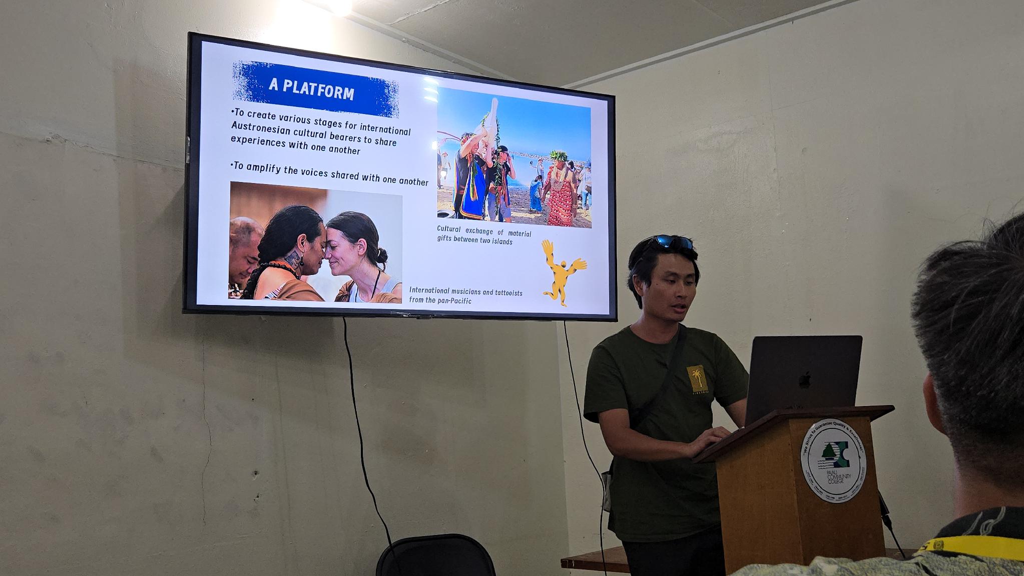 Presenter at Palau Community College showing a slide on the Austronesian Cultural Connection initiative’s platform goals, September 2026