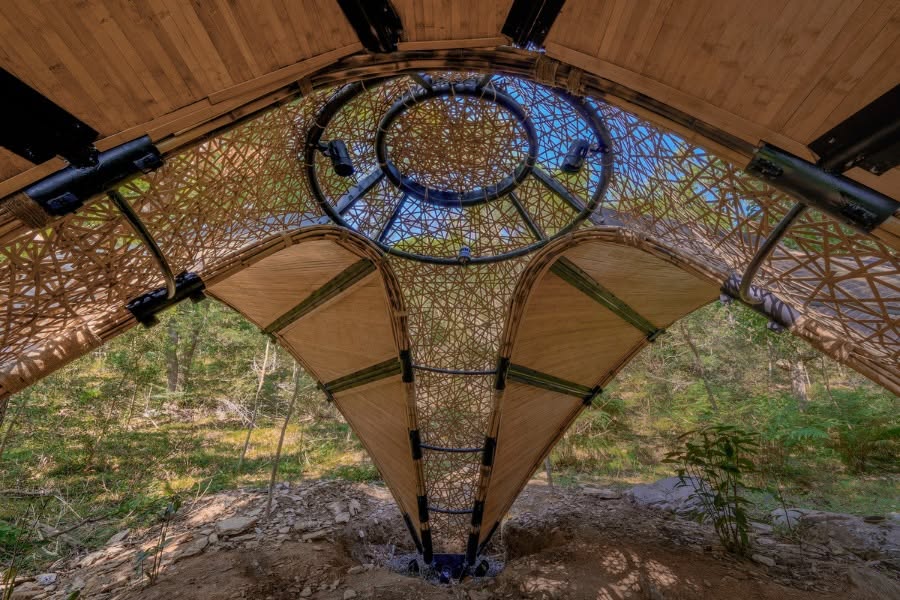 Woven bamboo ring skylight seen from inside the Third Place dome structure, Taitung