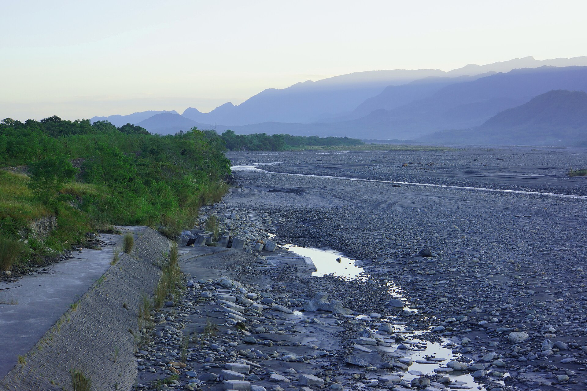 The wide, exposed Beinan River bed after the water has receded
